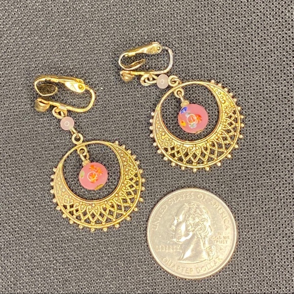 Pink & Gold Tone Filigree Vintage Clip Earrings - Picture 7 of 7